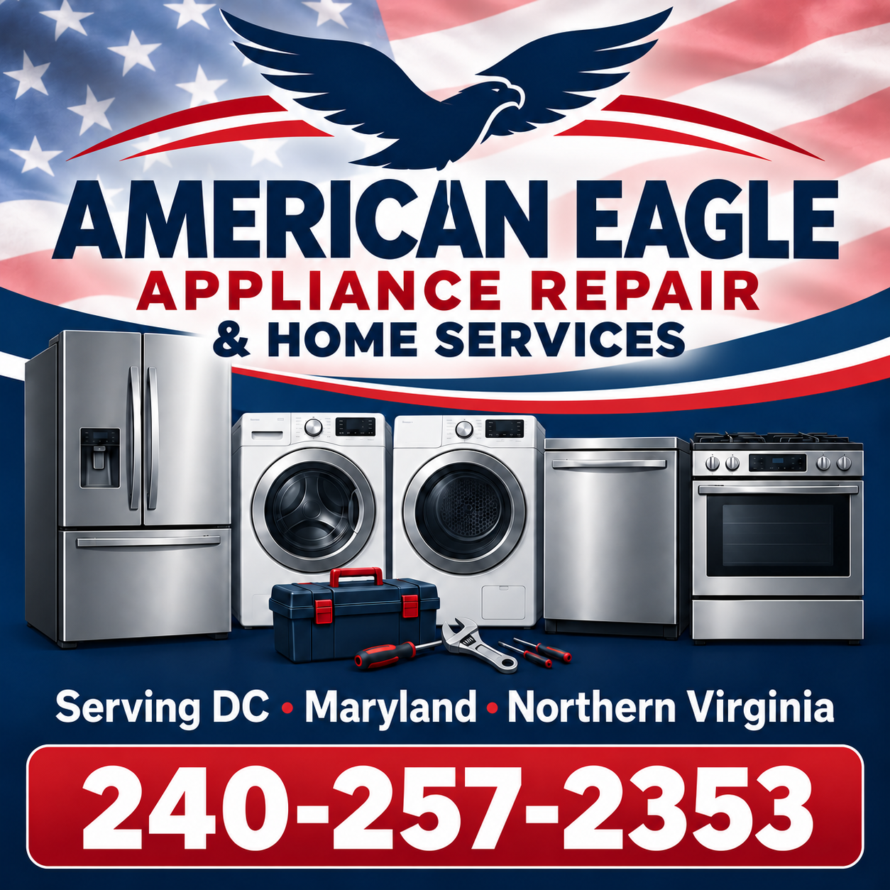 American Eagle Appliance Repair promotional graphic showing household appliances and company phone number